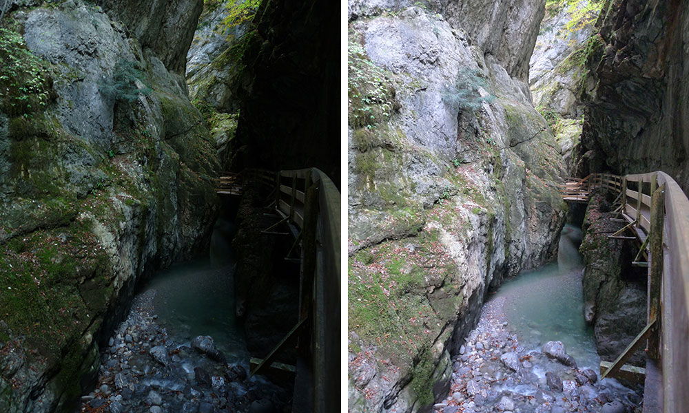 Zweimal eine Klamm, mal dunkel, mal heller