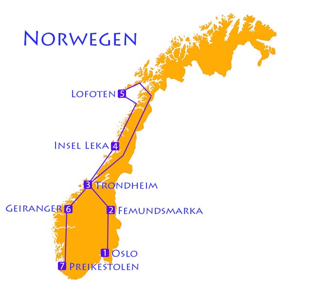 Karte von Norwegen mit Route