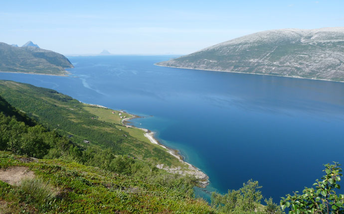 Blick vom Berg auf das Meer in Norwegen.