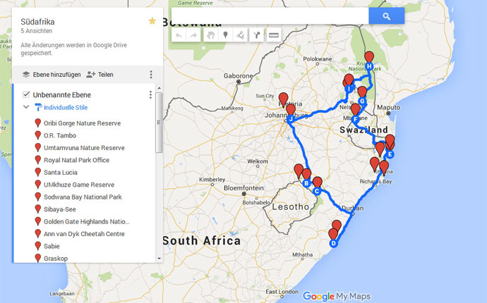 Karte für Reiseplanung Südafrika