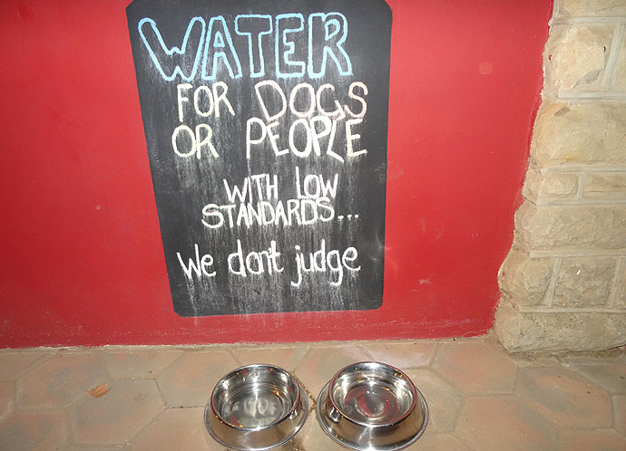 Wasserschüsseln mit Schild "Water for Dogs or People"