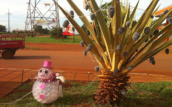 Weihnachtsfigur neben Palme mit Tannezapfen