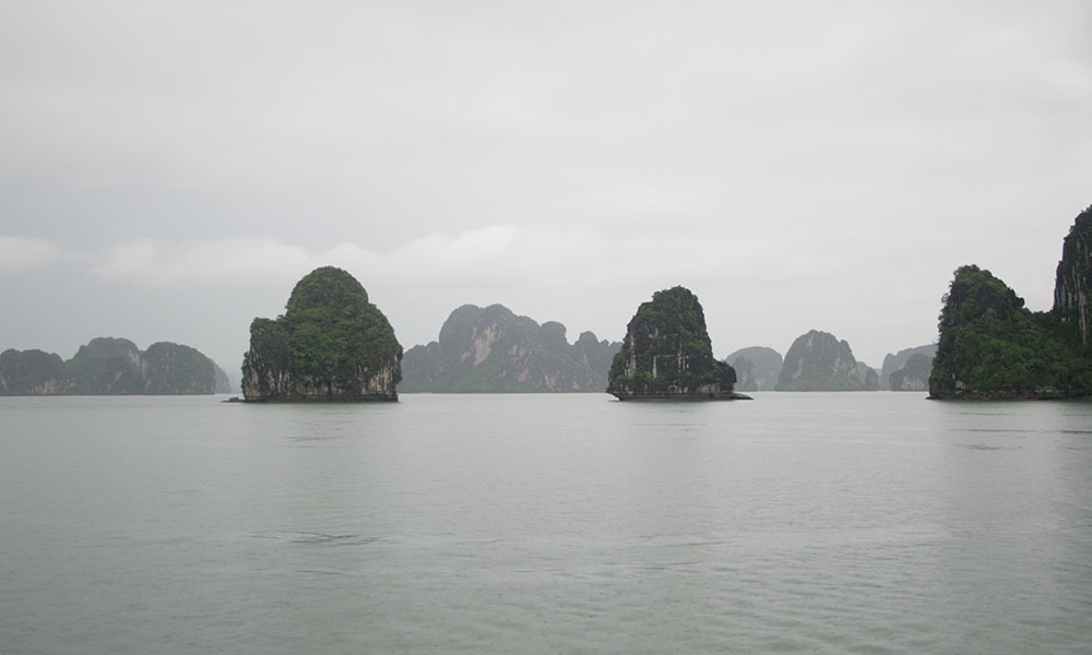 Felsen in der Halong-Bucht im Nebel