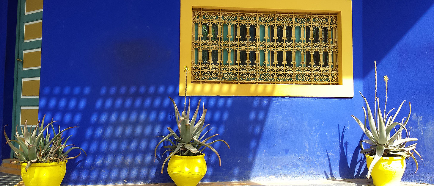 Blaue Wadn mit gelbem Fenster und Blumentöpfen im Jardin Majorelle