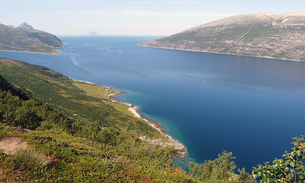 Blick vom Berg auf das Meer in Norwegen