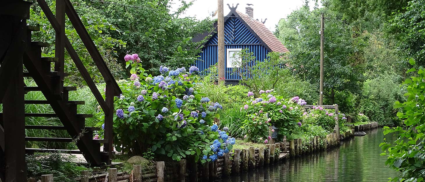 Blaues Blockhaus am Wasser im Spreewald