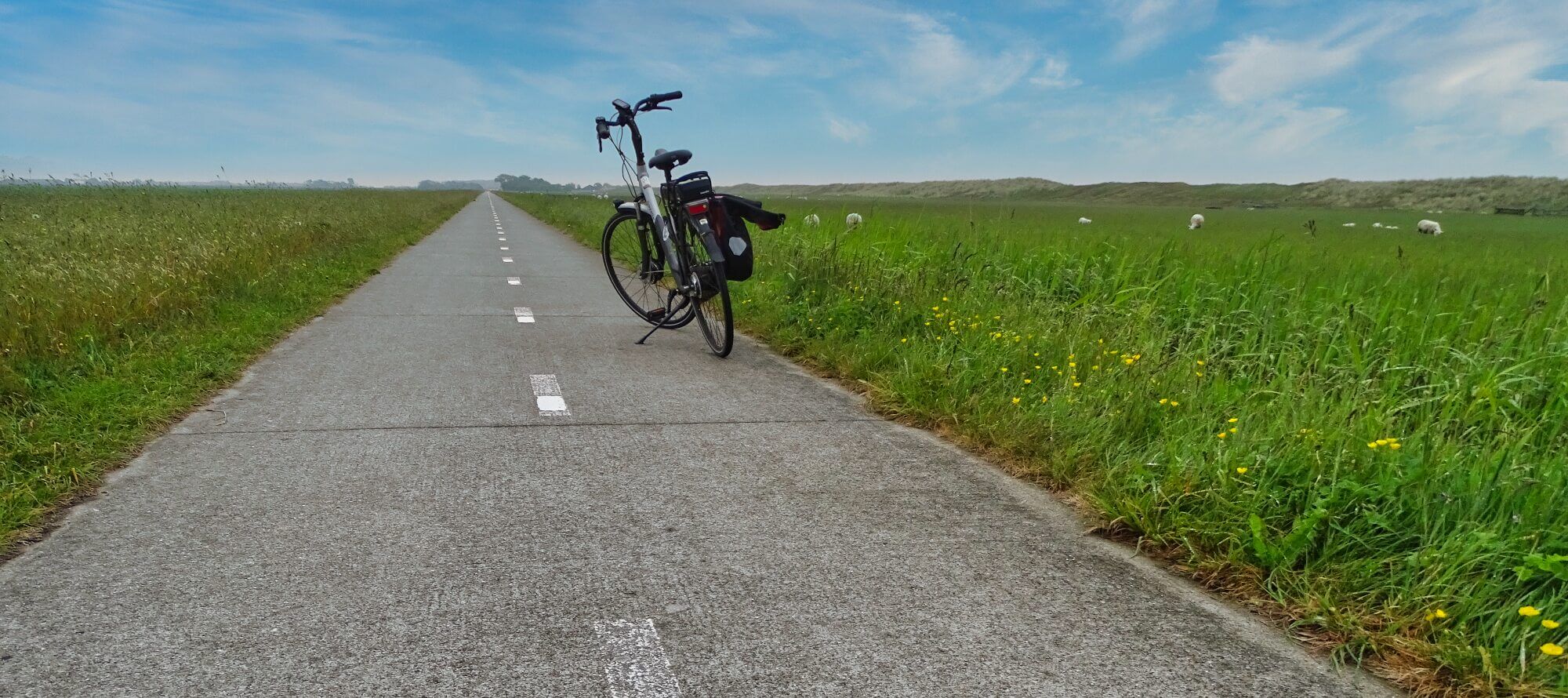 Fahrrad steht auf geradem Radweg auf Texel