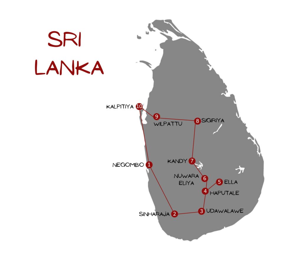Karte mit Stationen von 3 Wochen Sri Lanka