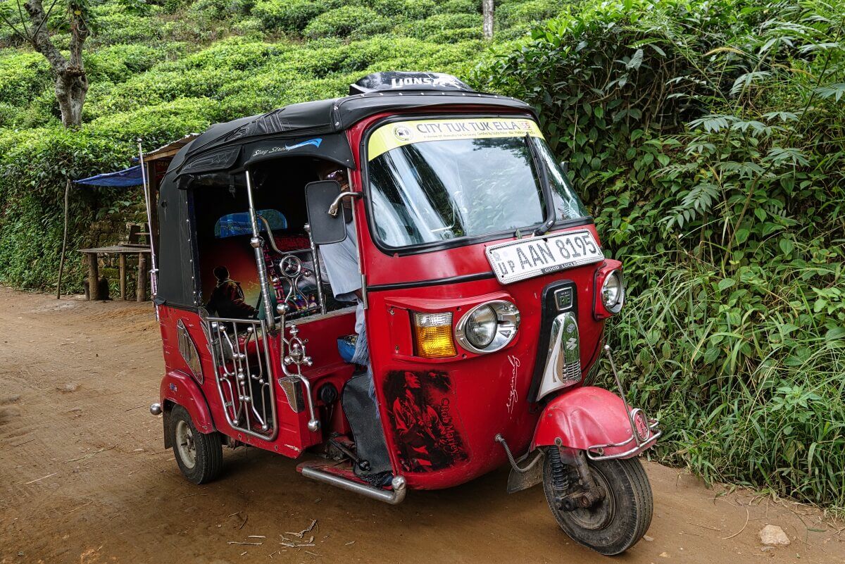 Rotes Tuktuk vor einem Teefeld