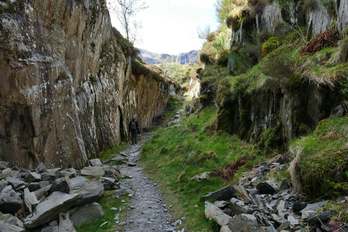 Ein schmaler, steiniger Pfad verläuft in einer steilen, mit Moos und Gras bedeckten Schlucht, in der verstreute Steine liegen.