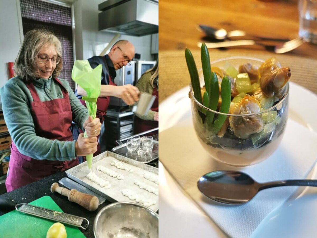 Zwei Bilder: Frau beim Kochen und Gläschen mit Muscheln und Algen als Nachtisch