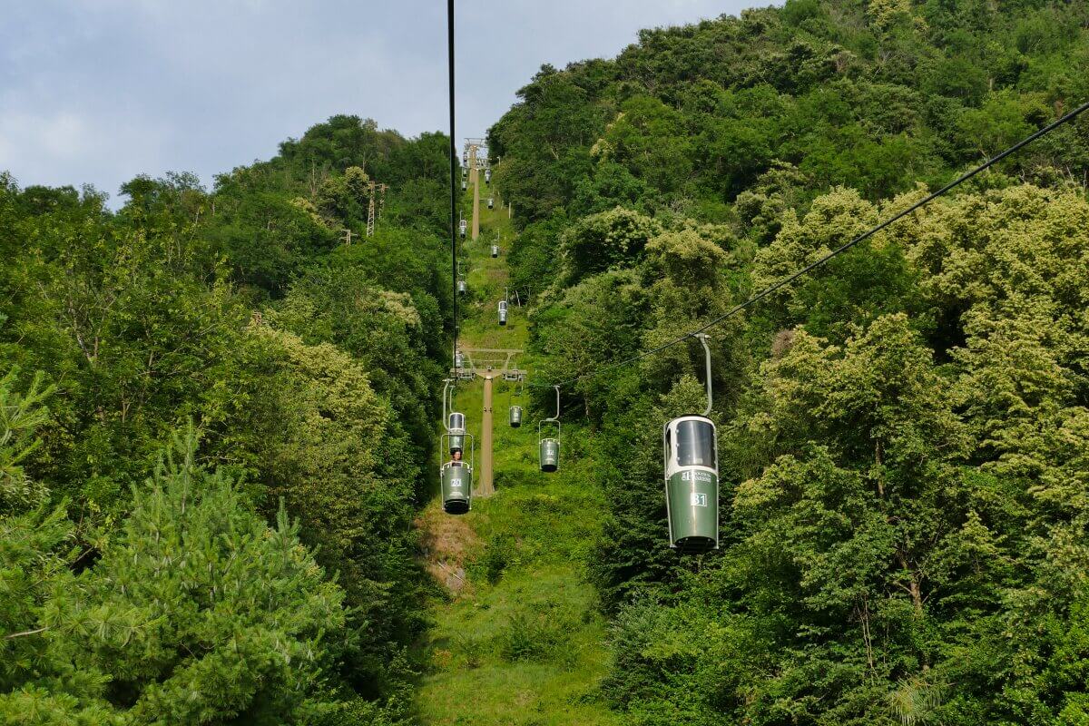 Eine Seilbahnen mit offenen Gondeln fährt einen üppig bewaldeten Hügel hinauf. 