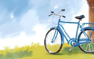 Zeichnung von einem blauen Fahrrad an einem Baum