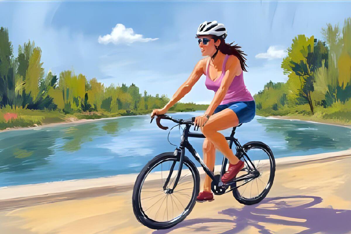 Zeichnung von einer Frau auf einem Rad an einem Fluss