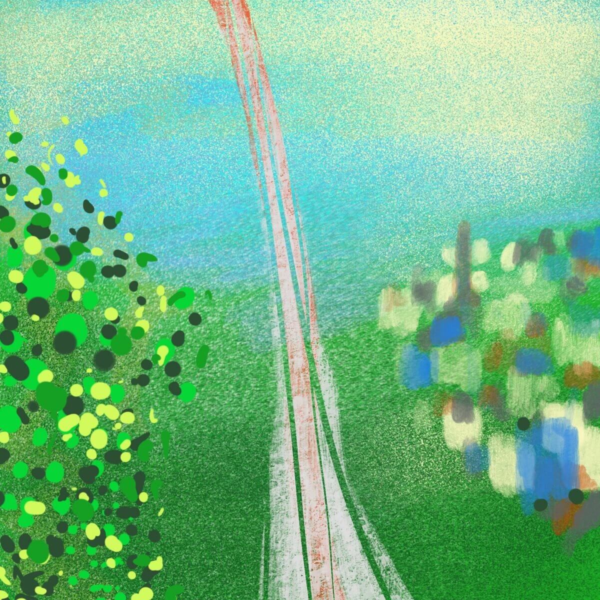 Zeichnung von einer abstrakten Landschaft mit einer kurvenreichen Straße zwischen grünen Büschen und einer Ansammlung bunter Formen auf Gras.