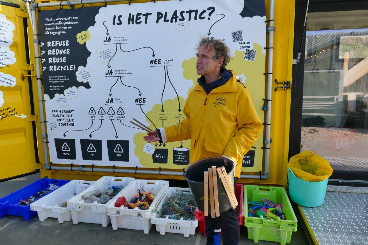 Ein Mann in gelber Jacke erklärt die Kunststoffsortierung anhand von Abfallbehältern und einem Recycling-Diagramm an der Wand hinter ihm.